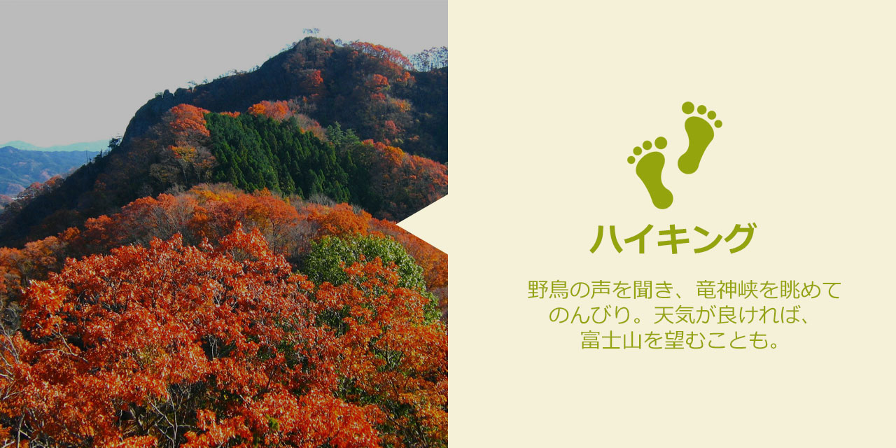 野鳥の声を聞き、竜神峡を眺めてのんびり。天気が良ければ、富士山を望むことも。 